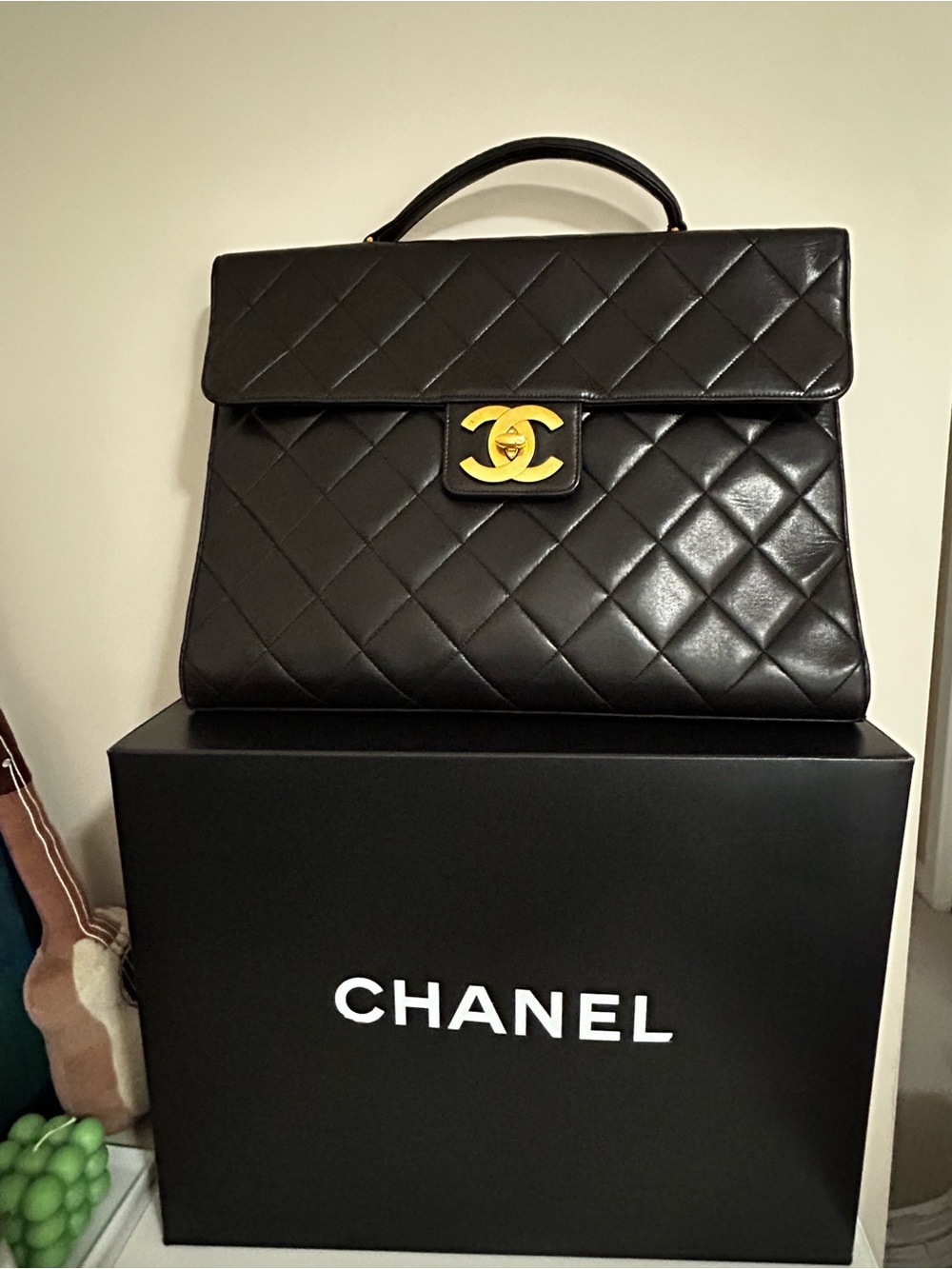 CHANEL Black Quilted Top Handle Briefcase with Gold CC Lock
